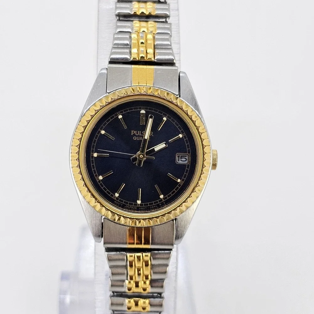 VTG Pulsar Women's Watch 24MM Black Dial Two Tone Stretch Band 5.75